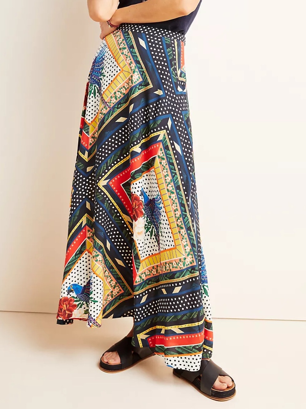 Farm Rio Vieques Maxi Skirt Polka Dot Tropical Bird Floral Patchwork Black Blue